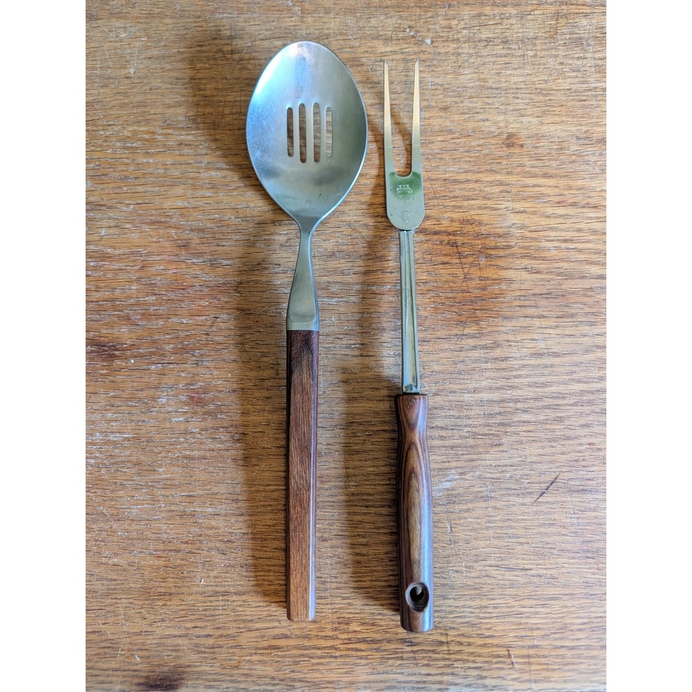 Vintage 1960s EKCO Flint Stainless Slotted Serving Spoon and Meat Fork Set MCM